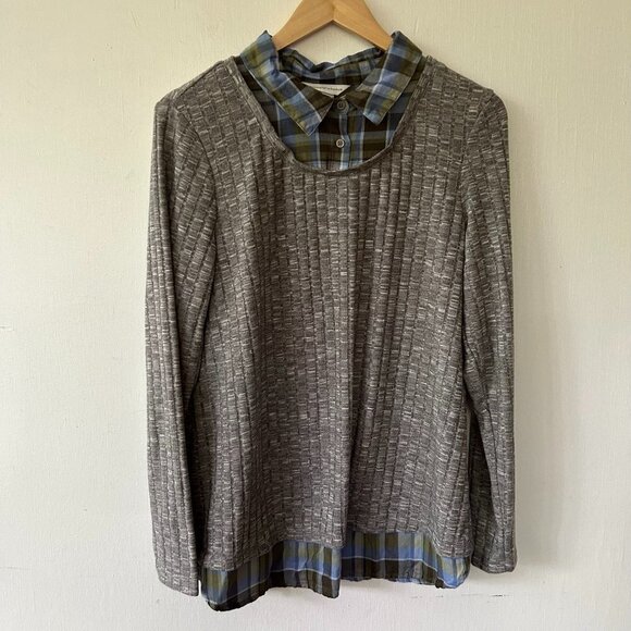 Christopher & Banks Top Womens Large Mixed Material Gray Blue Collared Blouse - Picture 1 of 10